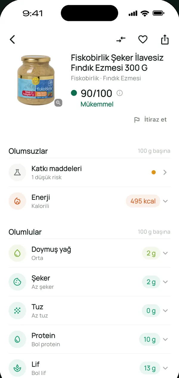 Lupa uygulamasında bir ürünün 90/100 sağlık skoru, katkı maddesi özeti ve besin değerleri