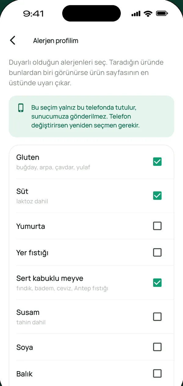 Lupa alerjen profili: duyarlı olunan alerjenlerin bir kez seçildiği ekran