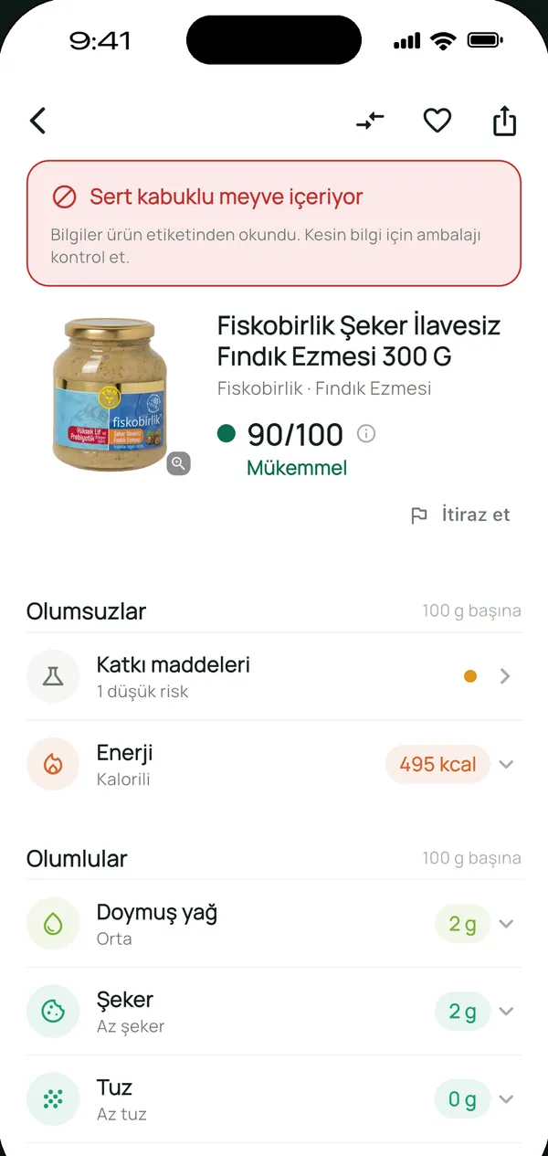 Lupa ürün sayfasında seçilen alerjen için ekranın en üstünde çıkan uyarı