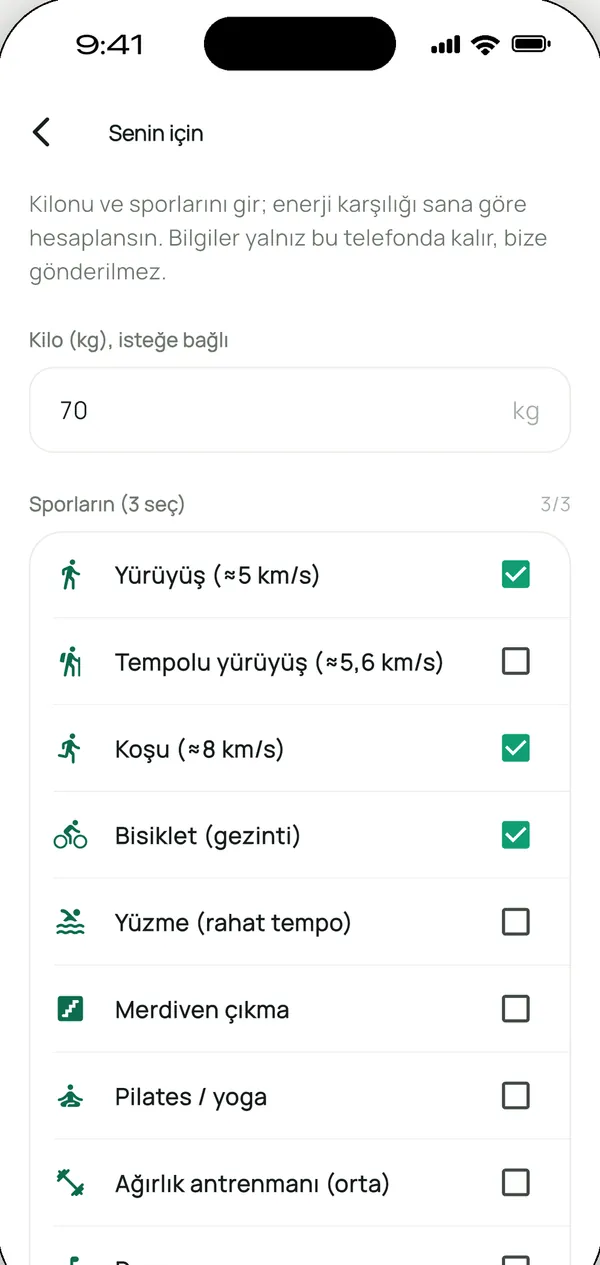 Lupa Senin için ekranı: kilo ve spor seçimi, enerjinin yürüyüş, koşu ve bisiklet karşılığı