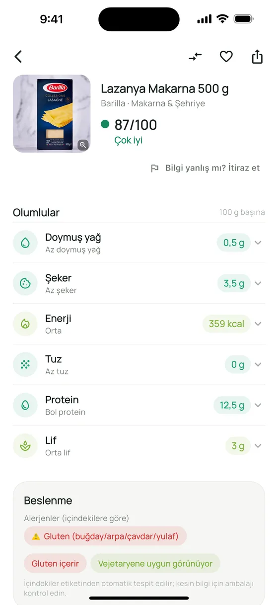 Lupa uygulamasında ürün karnesi: 87/100 sağlık skoru, besin değerleri ve alerjen işaretleri